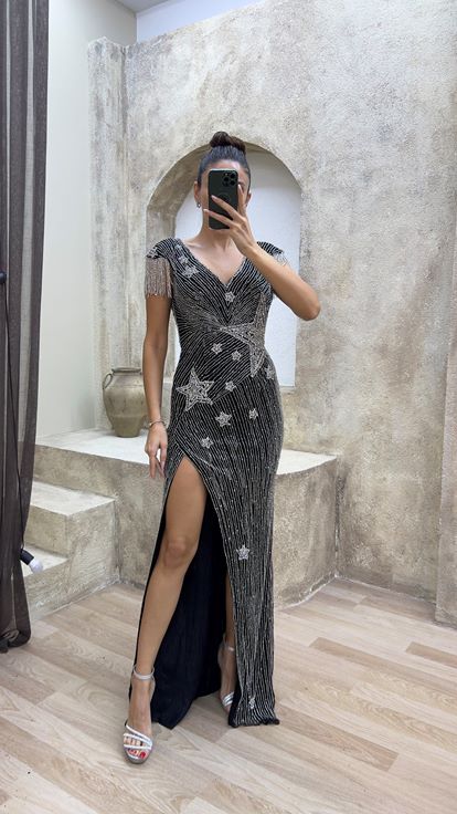 Black V-Neck Back Detail Special Embroidered Design Evening Dress