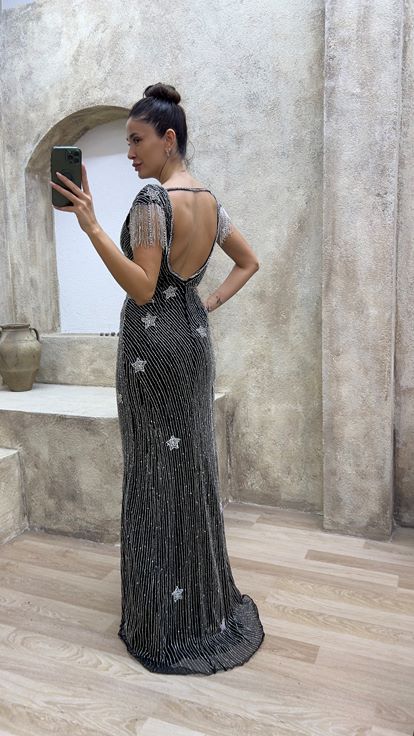 Black V-Neck Back Detail Special Embroidered Design Evening Dress