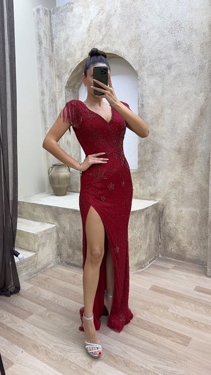 Red V-Neck Back Detail Special Embroidered Design Evening Dress