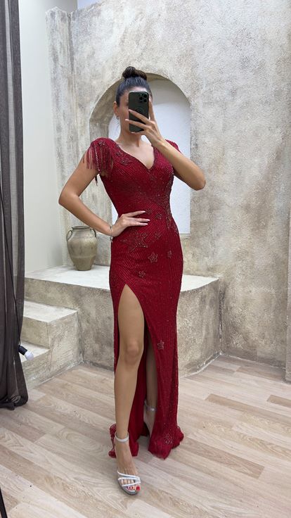 Red V-Neck Back Detail Special Embroidered Design Evening Dress