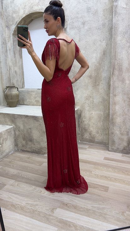 Red V-Neck Back Detail Special Embroidered Design Evening Dress
