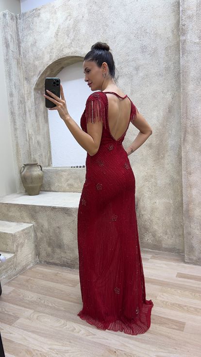 Red V-Neck Back Detail Special Embroidered Design Evening Dress