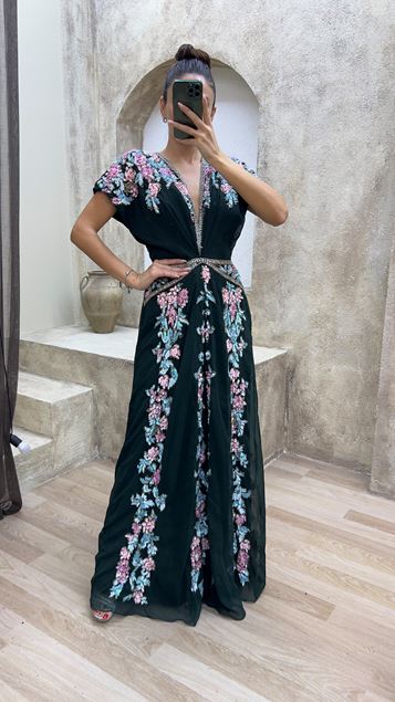 Kaki V-Neck Spécial Brodé Taille Détail Design Robe De Soirée