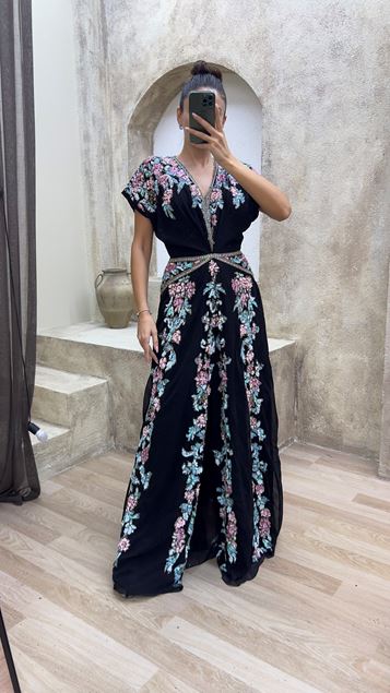 Black V-Neck Special Embroidered Waist Detail Design Evening Dress