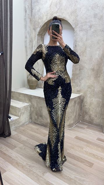 Black Back Detail Special Embroidered Design Evening Dress