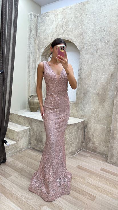 Powder Heart Collar Design Sequin Sequin Evening Dress