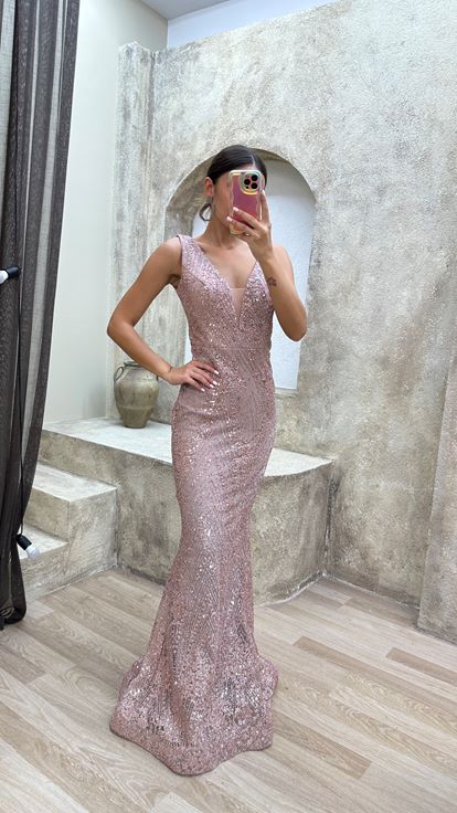 Powder Heart Collar Design Sequin Sequin Evening Dress