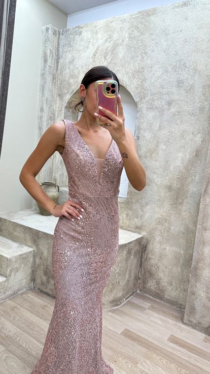 Powder Heart Collar Design Sequin Sequin Evening Dress
