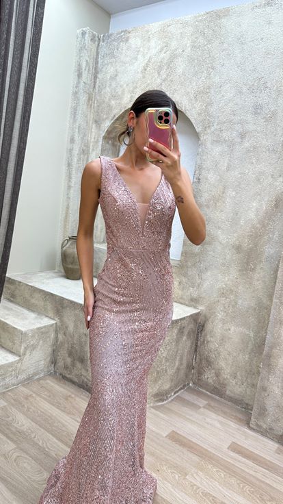 Powder Heart Collar Design Sequin Sequin Evening Dress