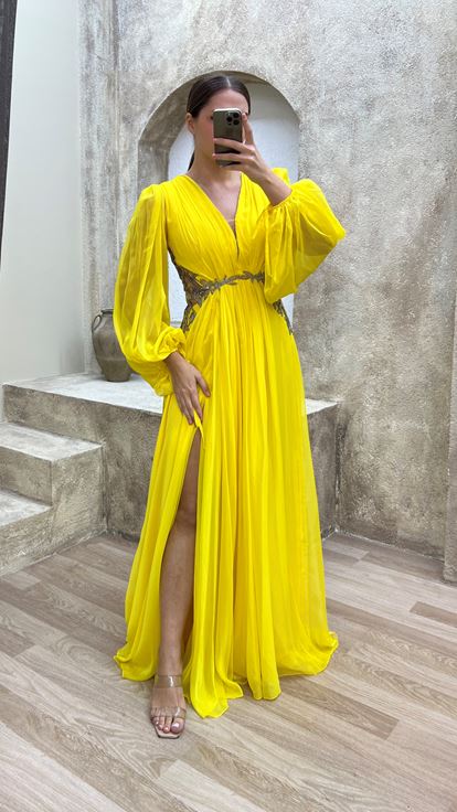 Yellow Balloon Sleeve Waist Detail Embroidered Design Tulle Plus Size Evening Dress