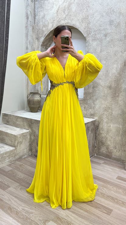 Yellow Balloon Sleeve Waist Detail Embroidered Design Tulle Plus Size Evening Dress