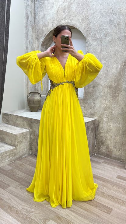 Yellow Balloon Sleeve Waist Detail Embroidered Design Tulle Plus Size Evening Dress
