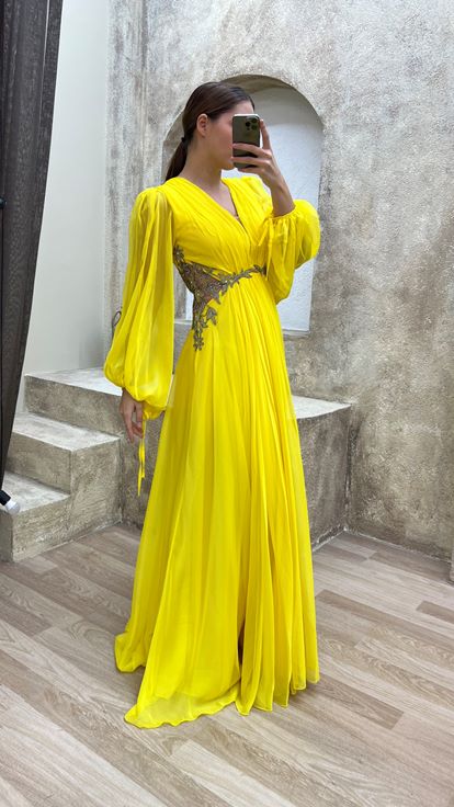 Yellow Balloon Sleeve Waist Detail Embroidered Design Tulle Plus Size Evening Dress