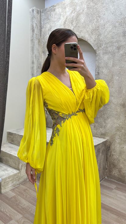 Yellow Balloon Sleeve Waist Detail Embroidered Design Tulle Plus Size Evening Dress