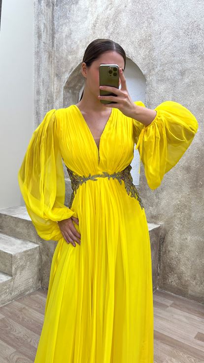 Yellow Balloon Sleeve Waist Detail Embroidered Design Tulle Plus Size Evening Dress
