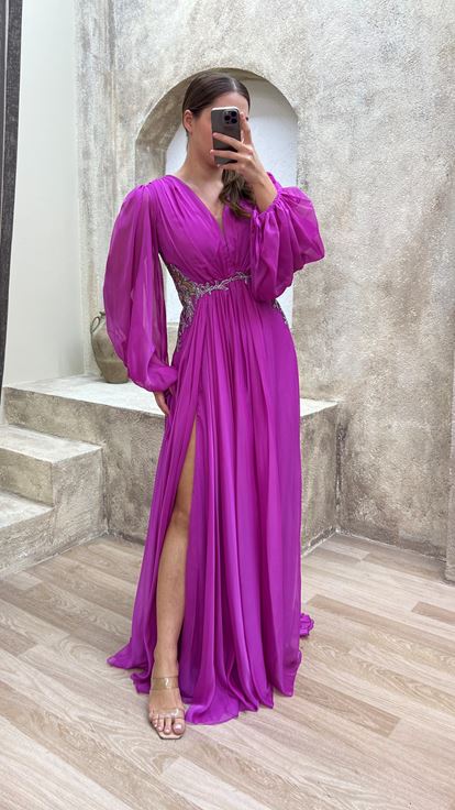Pink Balloon Sleeve Waist Detail Embroidered Design Tulle Plus Size Evening Dress