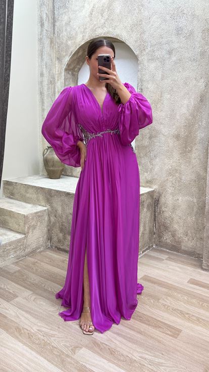 Pink Balloon Sleeve Waist Detail Embroidered Design Tulle Plus Size Evening Dress