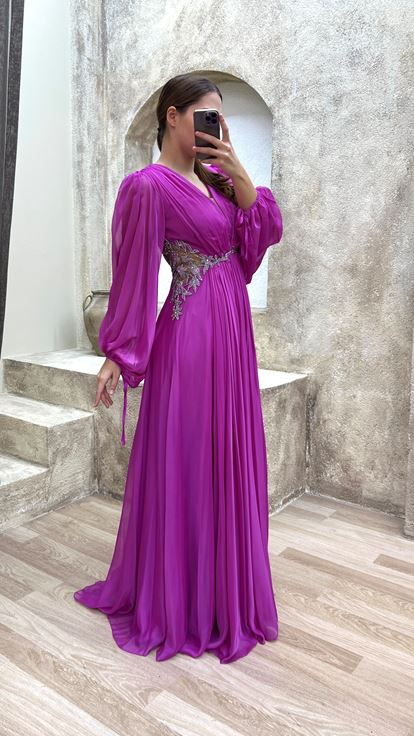 Pink Balloon Sleeve Waist Detail Embroidered Design Tulle Plus Size Evening Dress