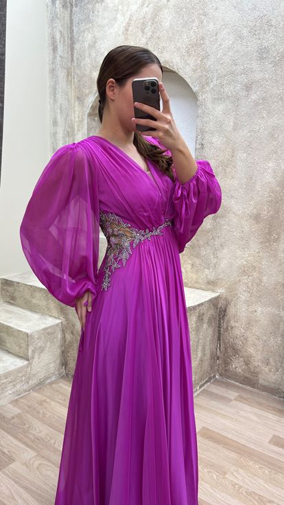 Pink Balloon Sleeve Waist Detail Embroidered Design Tulle Plus Size Evening Dress