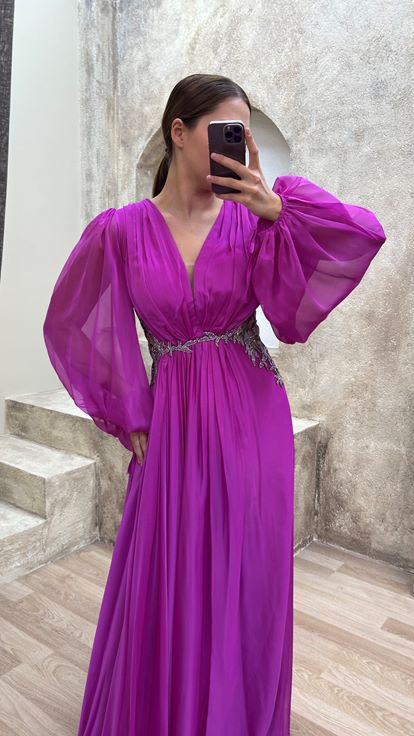 Pink Balloon Sleeve Waist Detail Embroidered Design Tulle Plus Size Evening Dress