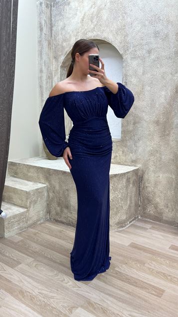 Navy Blue Balloon Sleeve Polka Dot Detail Design Plus Size Dress