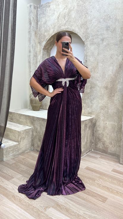 Cintura burdeos bordado con detalle de pliegue de piedra Diseño de talla grande vestido de noche