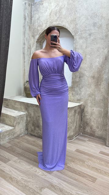 Lilac Balloon Sleeve Polka Dot Detail Design Plus Size Dress