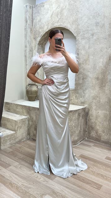 White Strapless Feather Detail Draped Slit Design Satin Plus Size Evening Dress