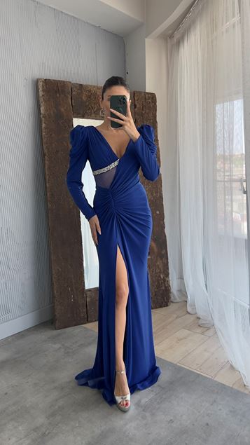 Navy Blue Waist Detail Embroidered Draped Design Evening Dress