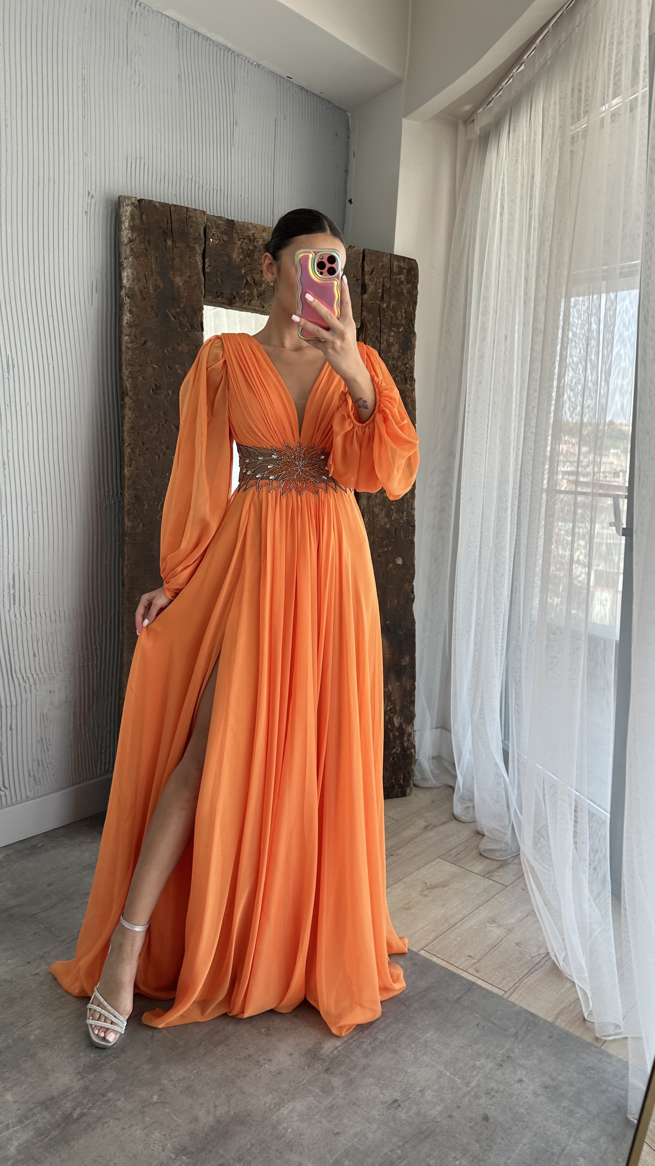 orange balloon sleeve dress Orange Balloon Sleeve Waist Embroidery Detail Evening Dress