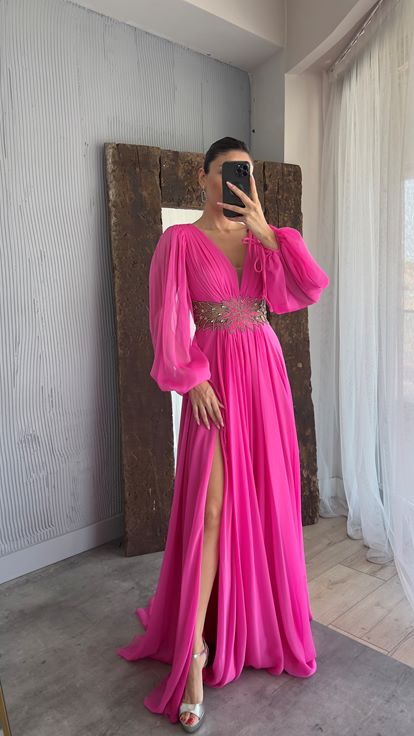 Pink Balloon Sleeve Waist Embroidery Detail Evening Dress