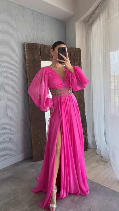 Pink Balloon Sleeve Waist Embroidery Detail Evening Dress