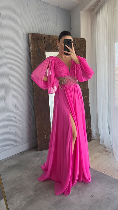 Pink Balloon Sleeve Waist Embroidery Detail Evening Dress