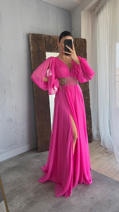 Pink Balloon Sleeve Waist Embroidery Detail Evening Dress