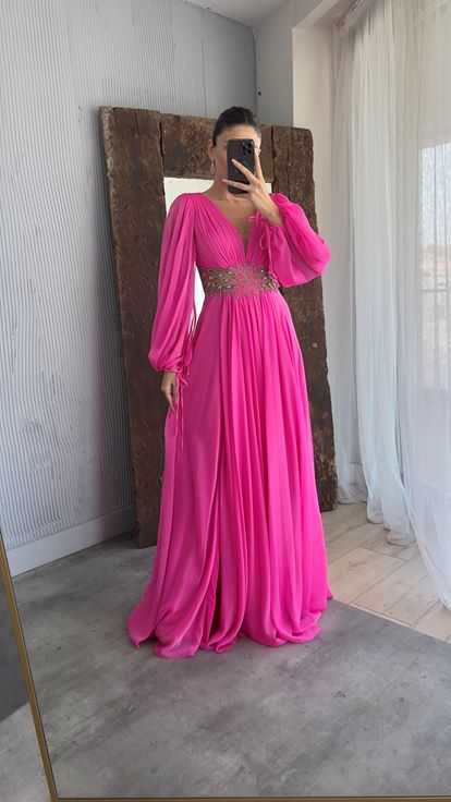 Pink Balloon Sleeve Waist Embroidery Detail Evening Dress