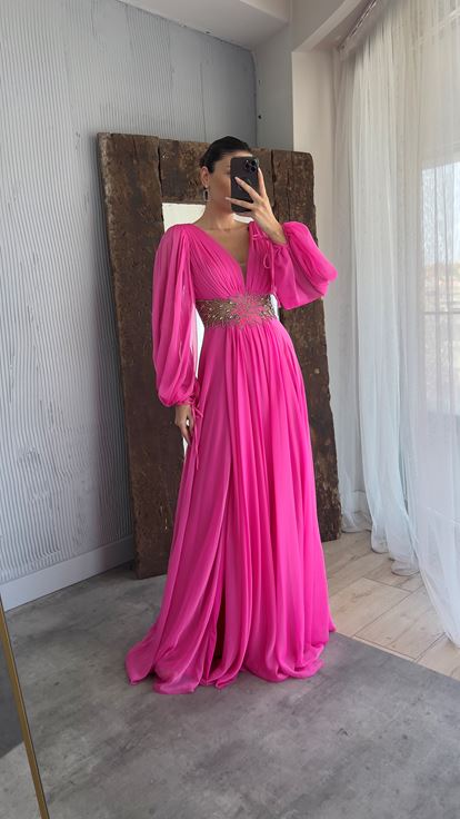 Pink Balloon Sleeve Waist Embroidery Detail Evening Dress