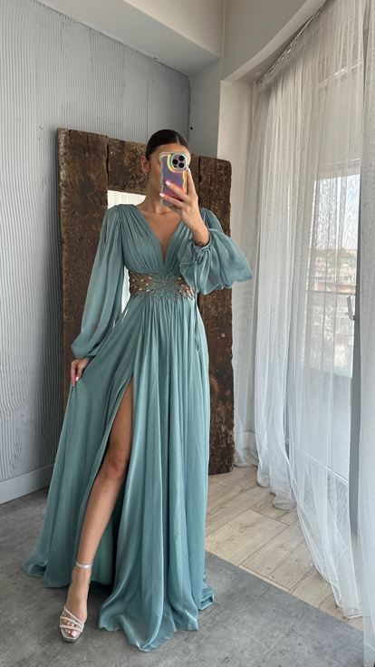 Mint Green Balloon Sleeve Waist Embroidery Detail Evening Dress