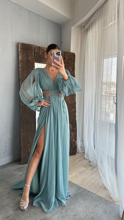 Mint Green Balloon Sleeve Waist Embroidery Detail Evening Dress