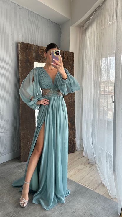 Mint Green Balloon Sleeve Waist Embroidery Detail Evening Dress