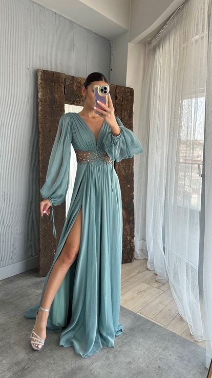 Mint Green Balloon Sleeve Waist Embroidery Detail Evening Dress