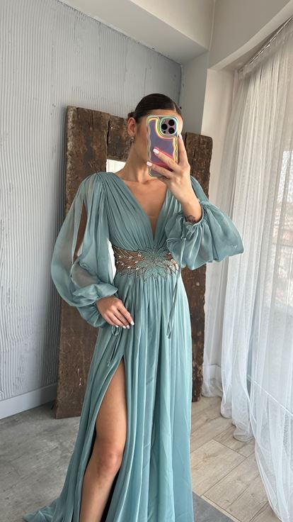 Mint Green Balloon Sleeve Waist Embroidery Detail Evening Dress