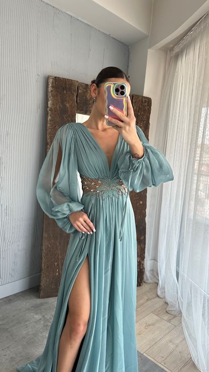 Mint Green Balloon Sleeve Waist Embroidery Detail Evening Dress