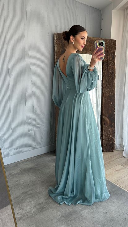 Mint Green Balloon Sleeve Waist Embroidery Detail Evening Dress