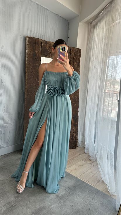 Menthe Vert Corde Sangle Ballon Taille Détail Design Robe En Mousseline De Soie