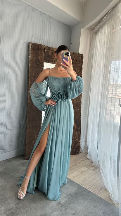 Menthe Vert Corde Sangle Ballon Taille Détail Design Robe En Mousseline De Soie