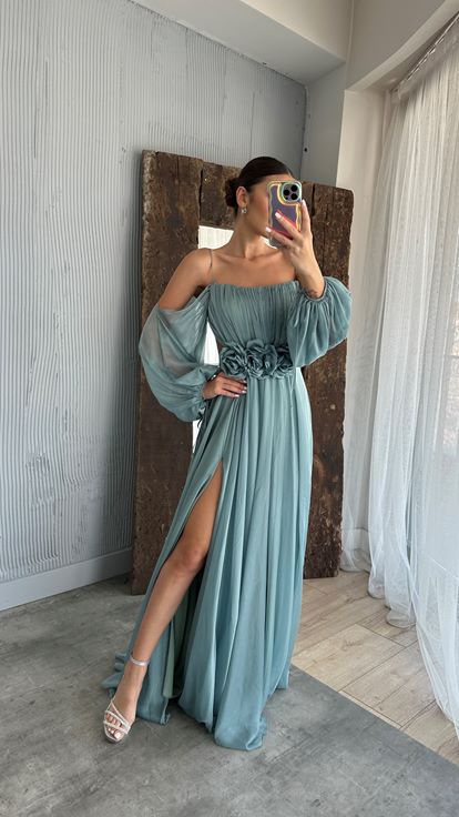 Menthe Vert Corde Sangle Ballon Taille Détail Design Robe En Mousseline De Soie