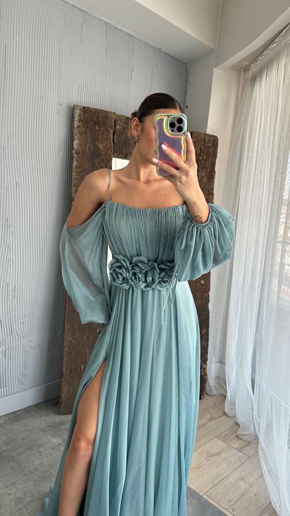 Menthe Vert Corde Sangle Ballon Taille Détail Design Robe En Mousseline De Soie