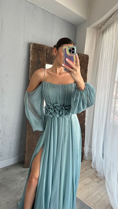 Menthe Vert Corde Sangle Ballon Taille Détail Design Robe En Mousseline De Soie