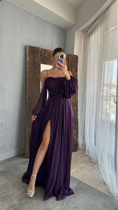 Plum Rope Strap Balloon Taille Détail Design Robe En Mousseline De Soie