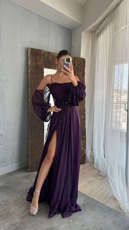 Plum Rope Strap Balloon Taille Détail Design Robe En Mousseline De Soie